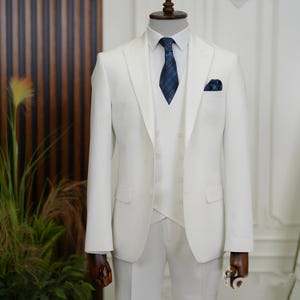 Abiti da uomo bianchi, 3 pezzi, vestibilità slim, un bottone, abito da sposo, giacca e pantalone, abito bianco, abito bianco da uomo, abito bianco slim fit