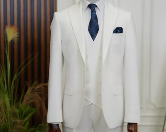 Men Suits White 3 Piece Slim Fit One Button Wedding Groom Party Wear Coat Pant, White Suit, Men White Suit, White Slim Fit Suit