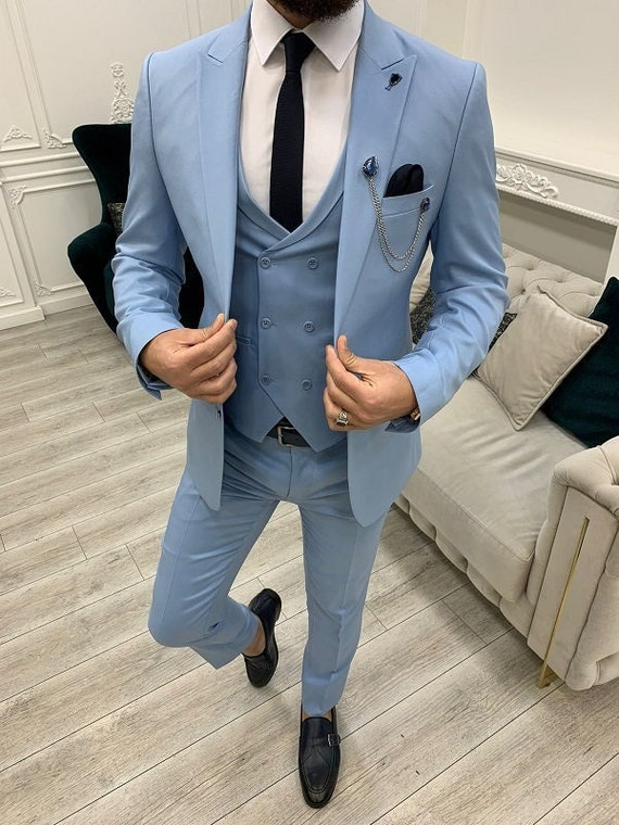 Men Suits Sky Blue 3 Piece Slim Fit Two