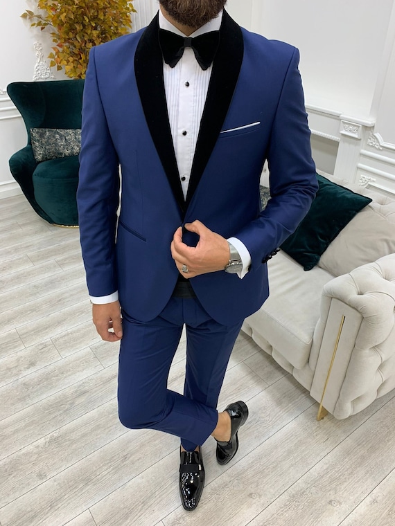 Men 2 Piece Suit Blue Suit Slim Fit One Button Prom Suit 