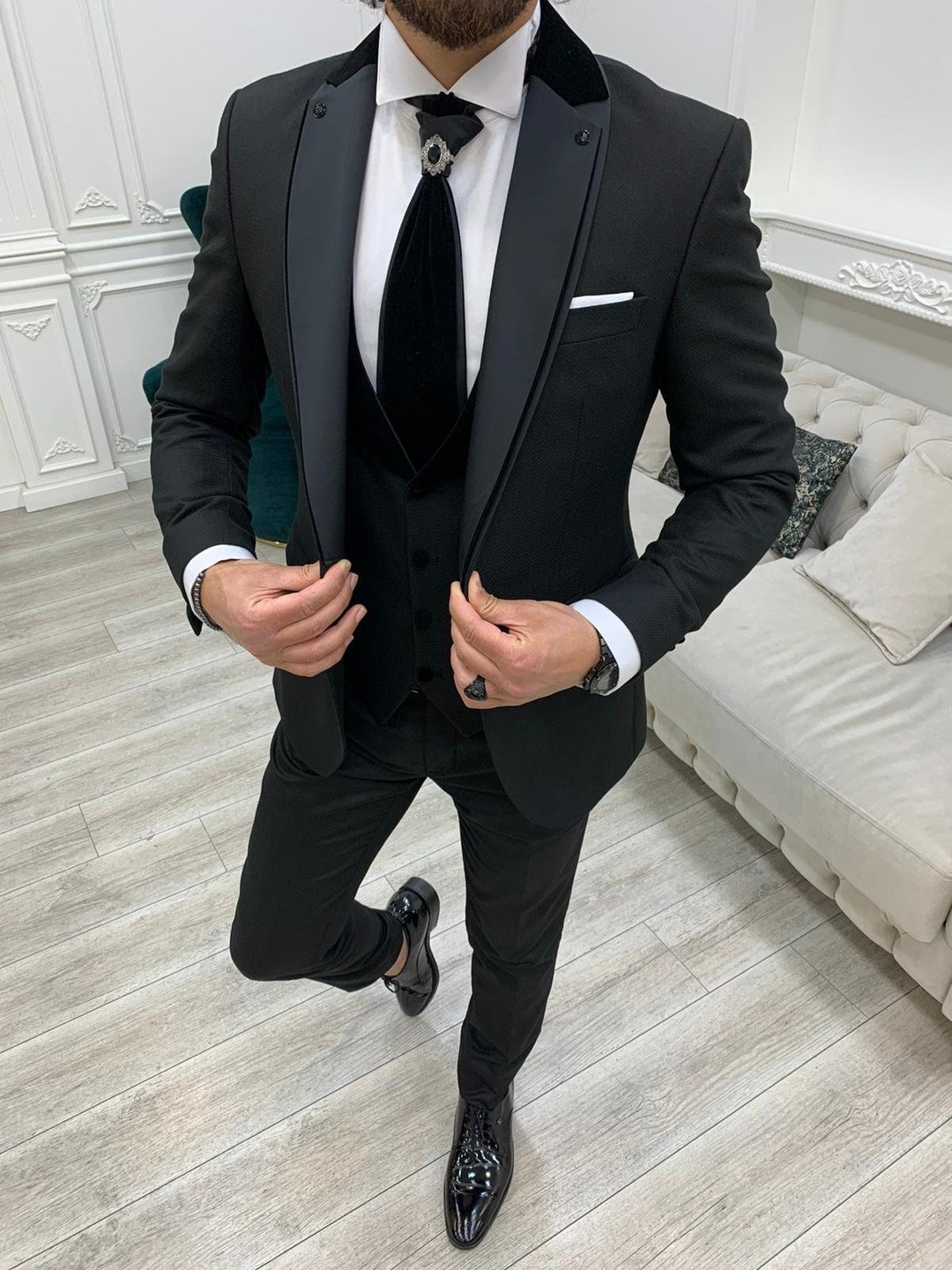 Black Suits Men 3 Piece Slim Fit One Button Wedding Groom Party Wear ...