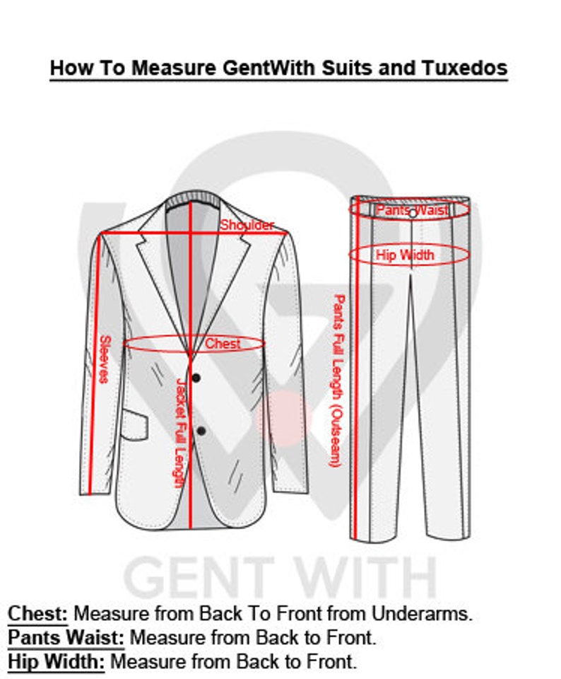 Pu&ograve; includere: Diagramma che mostra come misurare una giacca da abito e pantaloni. Il diagramma mostra le misure per il petto, le spalle, le maniche, la lunghezza totale della giacca, la vita dei pantaloni, la larghezza dei fianchi e la lunghezza totale dei pantaloni.