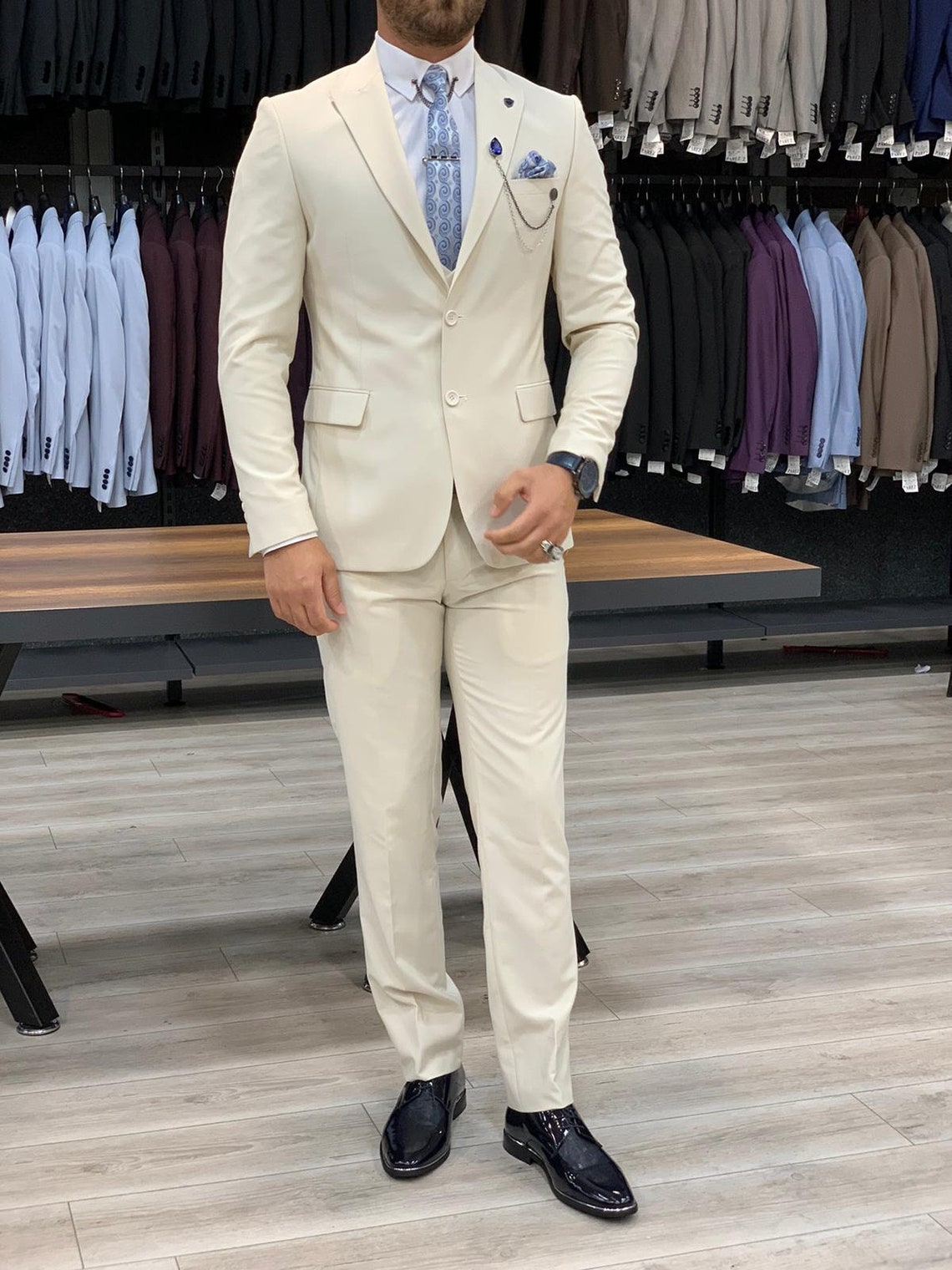 Herren Anzüge Creme 3 Stück Slim Fit Zwei Knopf Hochzeit | Etsy