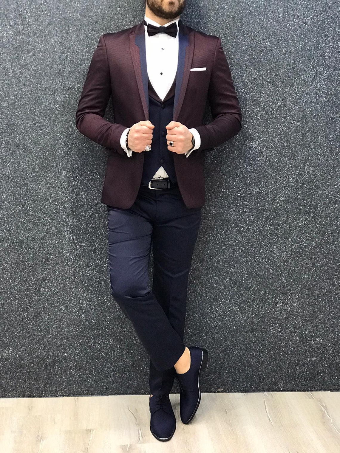 Men Slim Fit Premium Suit Tuxedo Burgundy Satin Peak Lapel | Etsy