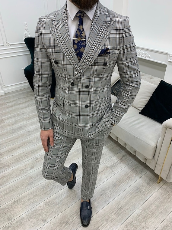 Trajes de hombre Gris 2 piezas Slim Fit Dos botones Boda Novio Ropa de fiesta Abrigo Pantalon Traje de hombre Traje a cuadros de doble botonadura entallado gris marron Etsy Espana