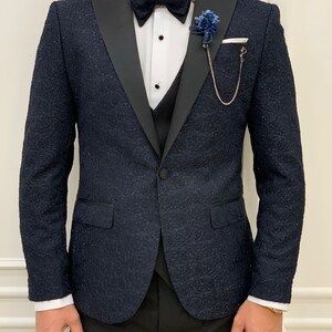 Navy Blue Slim Fit Floral Tuxedo