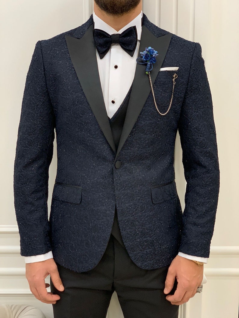 Navy Blue Slim Fit Floral Tuxedo