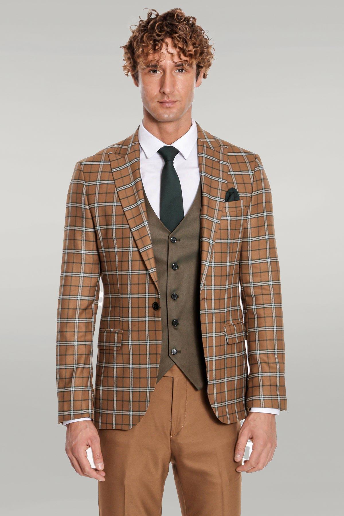 Tan Plaid Suit: Men's Slim Fit 3-piece Peak Lapel - Etsy