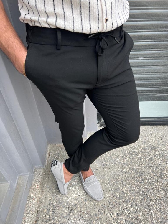 Mens Designer Business Casual Dress Pants Plain Black Pants for