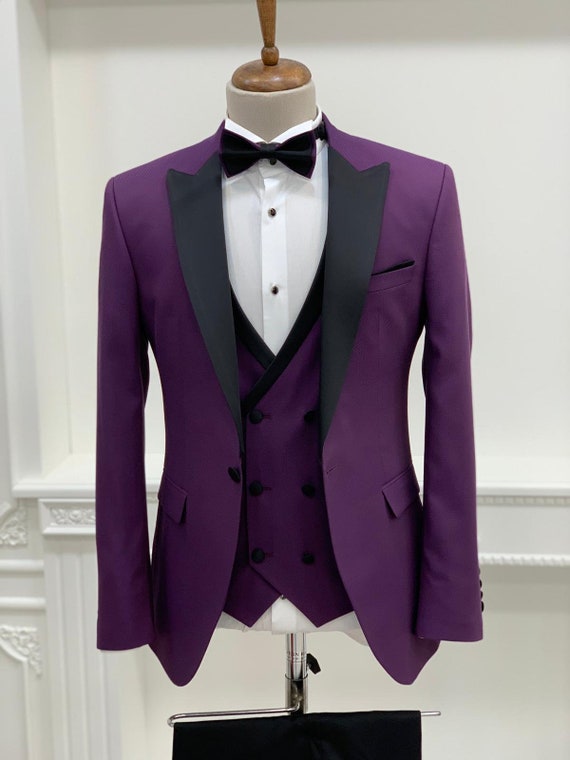 Men Suits Wedding Suit 3 Piece Suits Prom Suits, Slim Fit Peak Lapel One  Button Tuxedo, Purple Slim Fit Peak Lapel Tuxedo 