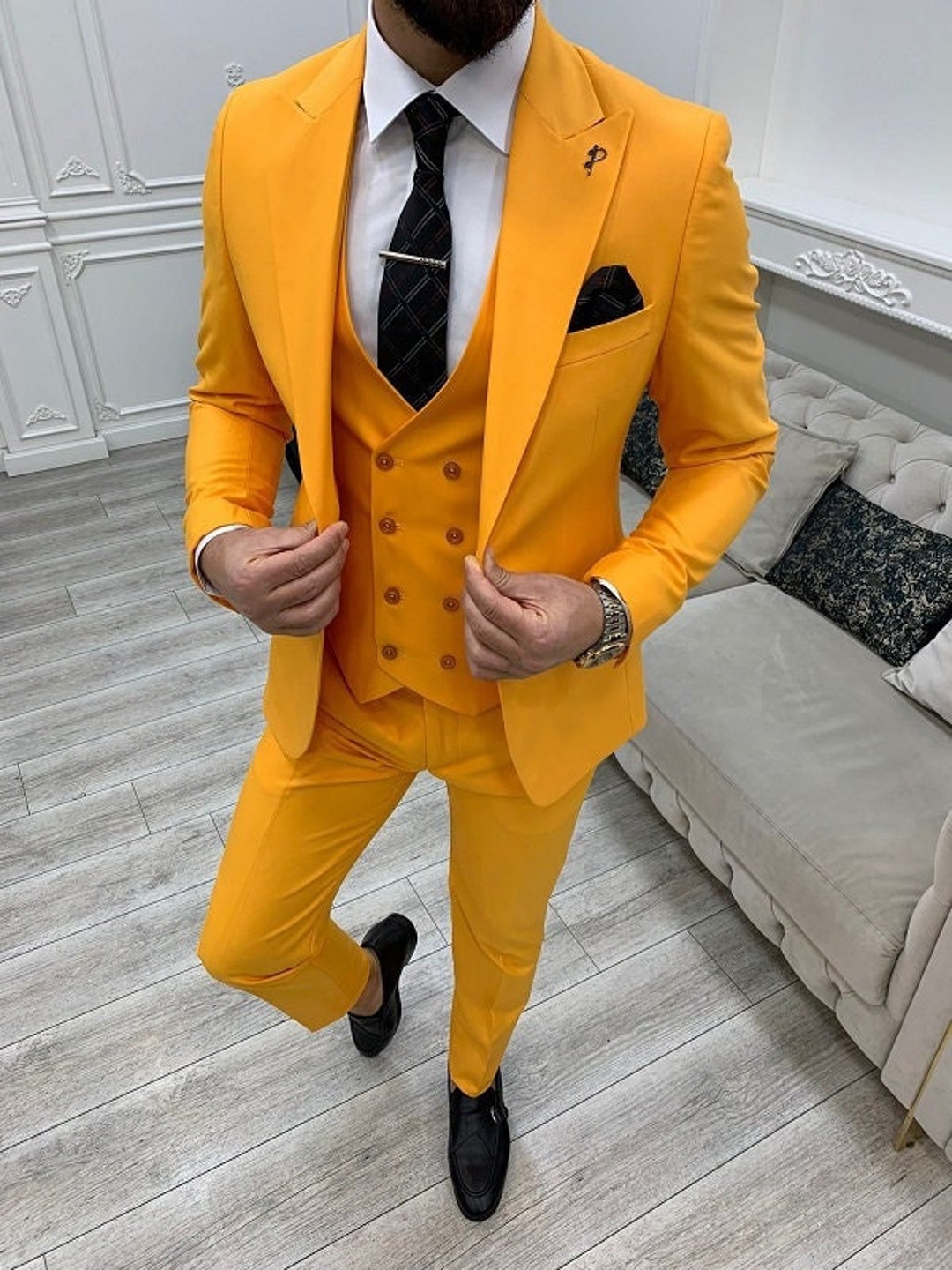 Men Suits Yellow 3 Piece Slim Fit Two Button Wedding Groom Party Wear