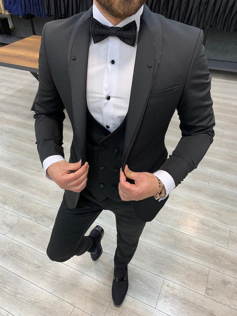 Men Suits Black Wedding Suit Tuxedo Three Piece One Button - Etsy