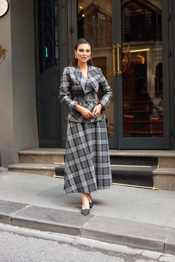 Black Plaid Skirt Suit Set: Slim Fit Office Wear - Etsy