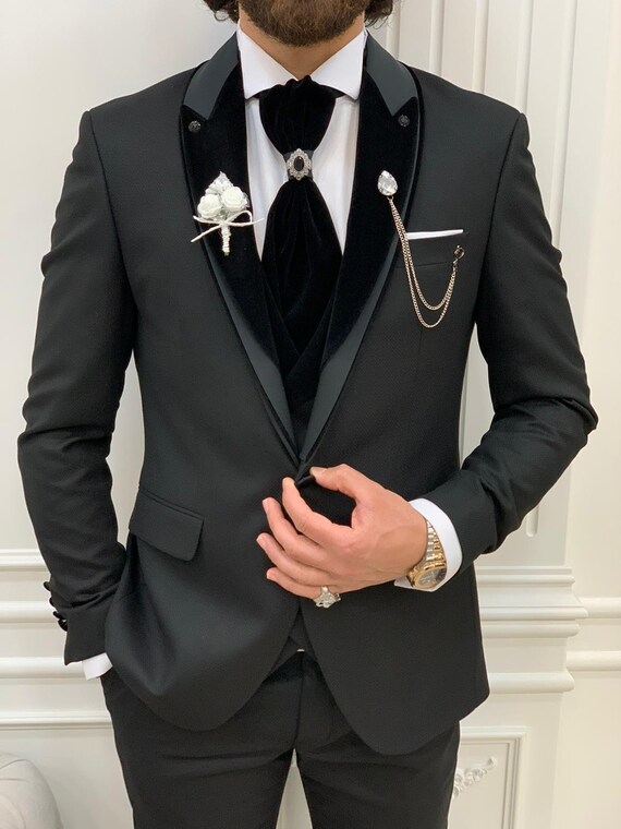 Black Suits Men 3 Piece Slim Fit One Button Wedding Groom Party Wear Coat  Pant, Peak Lapel, Black Slim Fit Velvet Peak Lapel Wedding Suit -  Hong  Kong