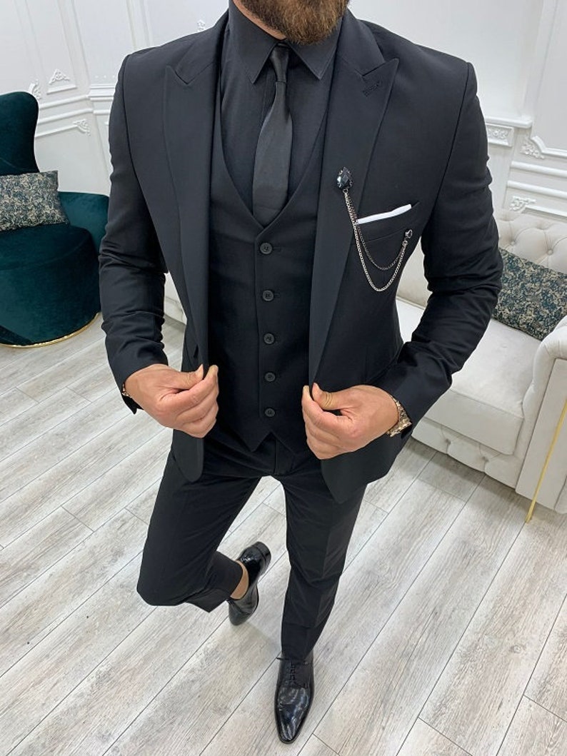 Men Suits Black 3 Piece Slim Fit One Button Wedding Groom image 1