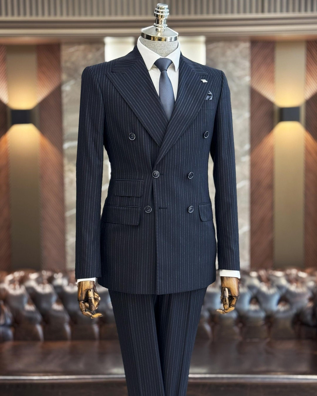 Men's Navy Blue Pinstripe Suit: Slim Fit Double Breasted Wedding