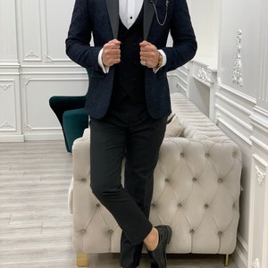 Navy Blue Slim Fit Floral Tuxedo