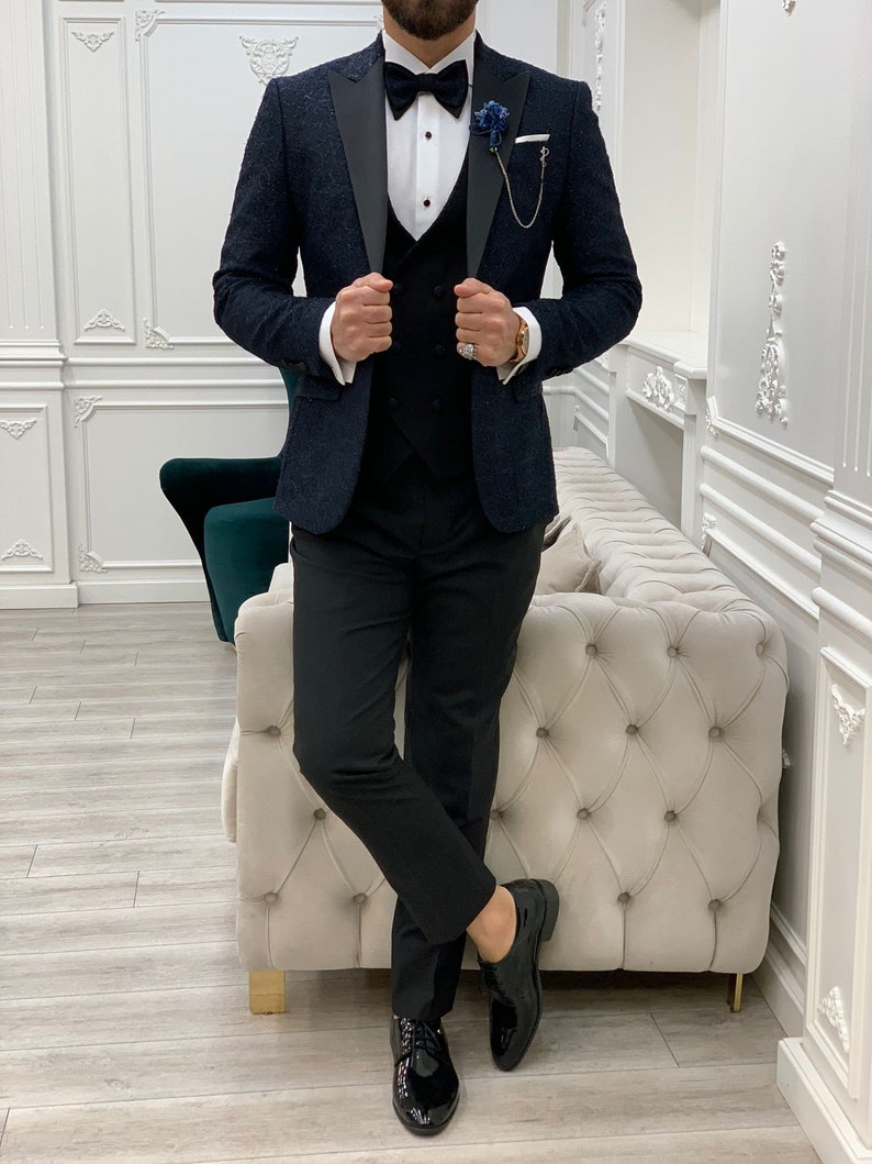 Navy Blue Slim Fit Floral Tuxedo