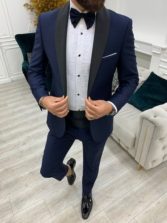 Men 2 Piece Suit Blue Suit Slim Fit One Button Prom Suit -  UK