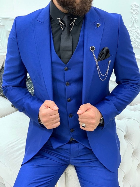 Men Blue Suits Stylish One Button Designer Grooms Wedding Dinner Suit  Coat+Pants