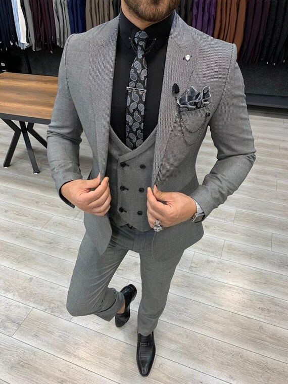 Men Suits Gray 3 Piece Slim Fit Two Button Wedding Groom Party - Etsy