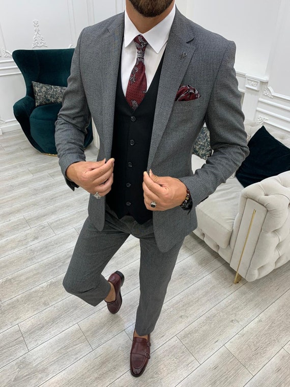 Men's Grey 3 Piece Summer Wedding Suit Slim Fit Two Button Groom Wear Suit  -  Canada