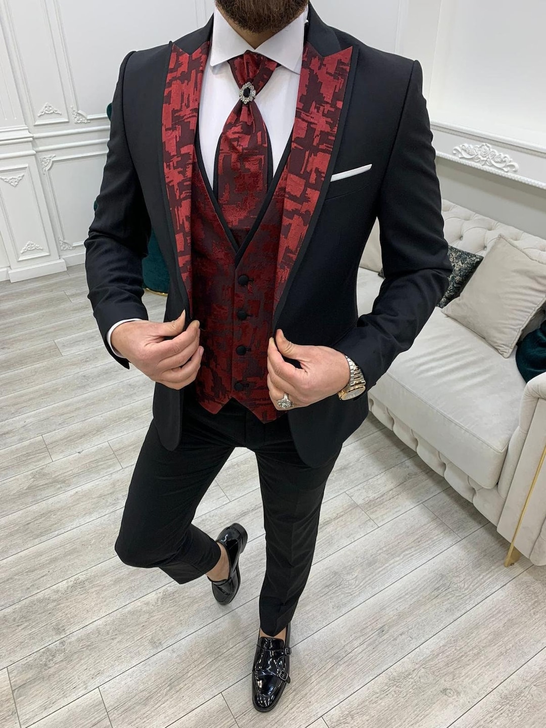 Men's slim fit 3 piece suit one button blazer tux vest & trousers sale