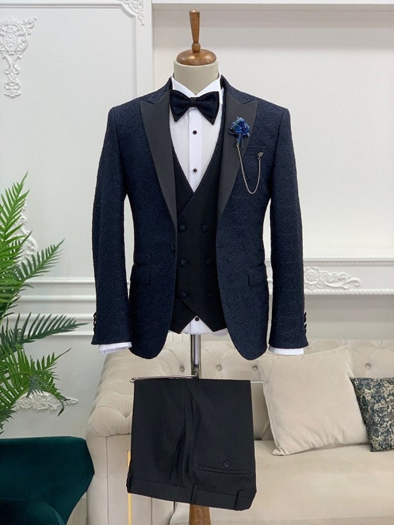 Navy Blue Slim Fit Floral Tuxedo