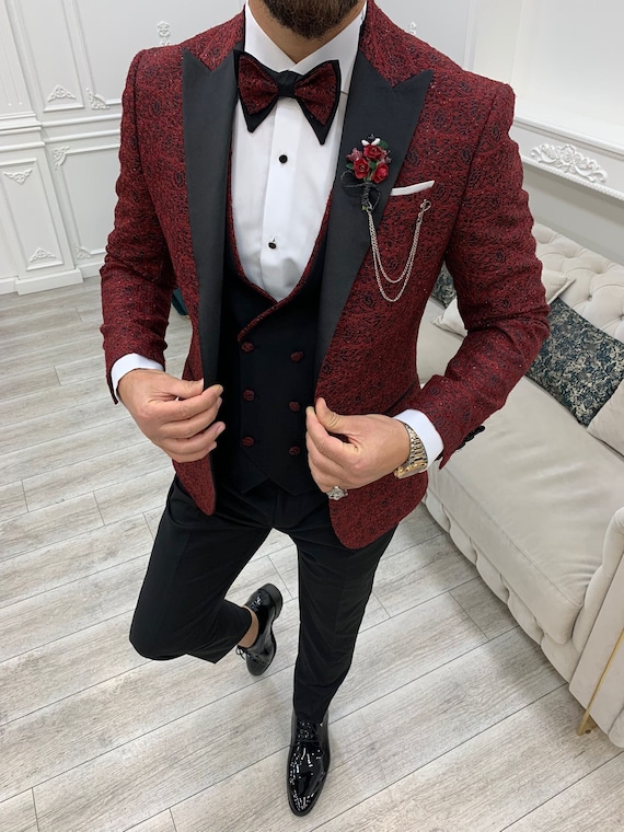 Red burgundy 3 pieces linen wedding suit - Tailored Suit Paris