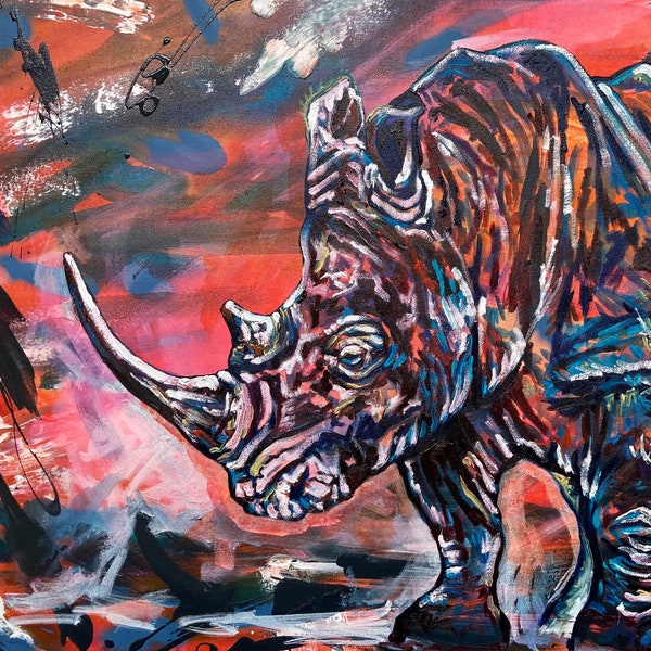 Large Original Painting, Abstract Rhino (animal) On Stretched Canvas, 30 inch, by Laurel Berry