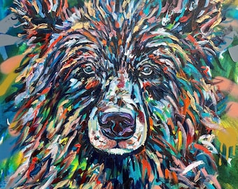 Colorful Original Bear Painting - A Penny For Your Thoughts - Handmade Art by Laurel Berry