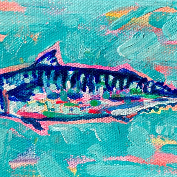 Colourful Fish (mackerel) painting, small original painting, Art lover gift, acrylic on canvas