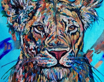 Colourful Lioness, Large Abstract Female Lion Painting on stretched canvas, 30 x 40 inch