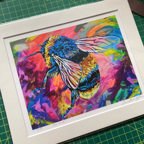 Bee Print, Colourful Bumble Bee Limited Edition Giclee Art Print, Mounted Print of Bee by Laurel Berry