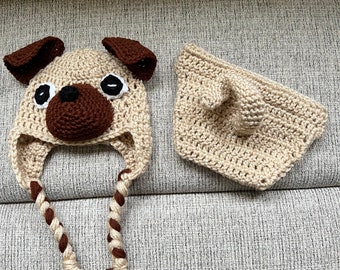 0-3 months Hand Crocheted Baby Pug Puppy Hat & Diaper Cover, Baby Shower Gift, Newborn, Halloween costume, Photo Prop