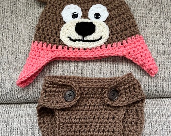 0-3 months Hand Crocheted Baby Bear Hat & Diaper Cover, Baby Shower Gift, Newborn, Halloween costume, Photo Prop