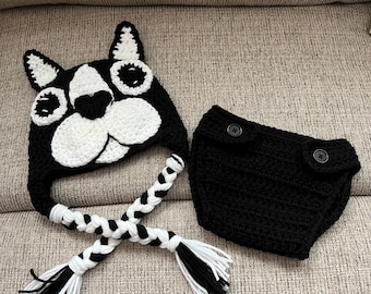 READY TO SHIP - 3-6 months Hand Crocheted Baby Boston Terrier Hat & Diaper Cover, Baby Shower Gift, Halloween Costume, Photo Prop