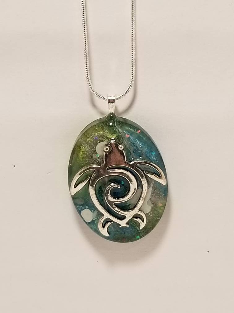 Beautiful silver turtle pendant with a blue and green colored | Etsy