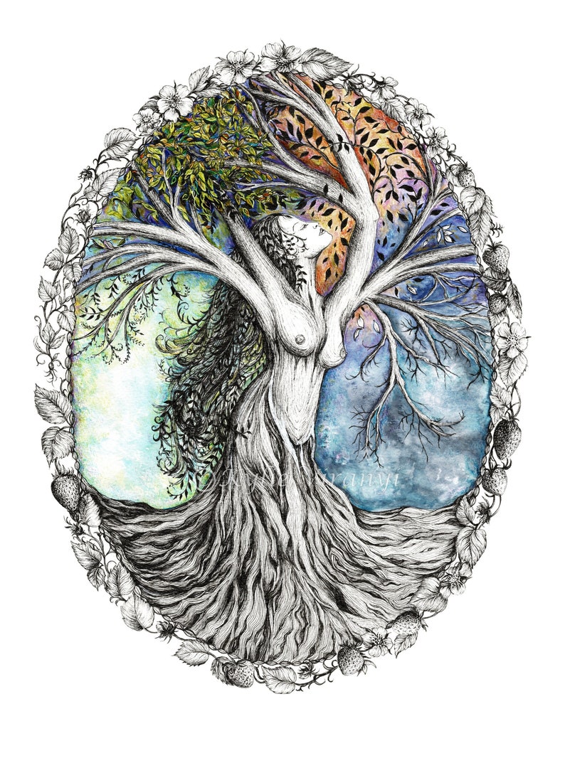 Artprint titled 'Gaia', Earth Goddess, Goddess Art, Gaia Illustration, Tree of Life Art, Beautiful Nature Illustration, Tree of Life Wallart image 1