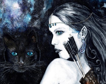 Artprint titled 'Starlight', Fairytale Wallart, Elf Wallart, Fairy Illustration, Artemis Wallart, Fairy and Cat Wallart, Goddess Art