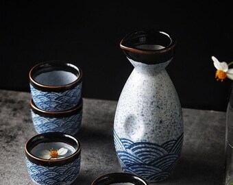 7-Piece Japanese Sake Set Black Glaze Wine Glasses with Warmer and Candles Oven Without Tray Mat Texture Cups for Cold//Warm//hot Sake//Shochu//Tea