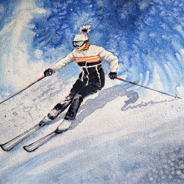 Ski alpin, peinture aquarelle originale,