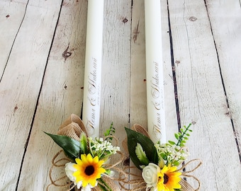 Hochzeitseinheitskerzen, kybernetische Hochzeitskerzen-künstliche Sonnenblume-Dekoration Greenery Barlup-Band-personalisierte Hochzeitskerzen