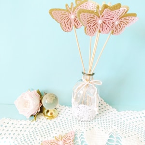 12 stuks vlinderstokjes voor babyshower, roos en glitter gouden vlindertoppers, tafeldecoraties, verjaardag, bruiloft, doop