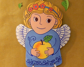 Ceramic wall Angel with apple. Sky blue angel. Ceramic Wall Art. Angel Wall Hanging. Hand Made Ceramics. Ceramic wall hanging decor.