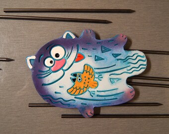Decorative Ceramic Magnet Cat with a bird. Sky Blue Cat. Fridge magnet. Hand Made Ceramics. Home Decor. Kitchen decor. Kitchen magnets.