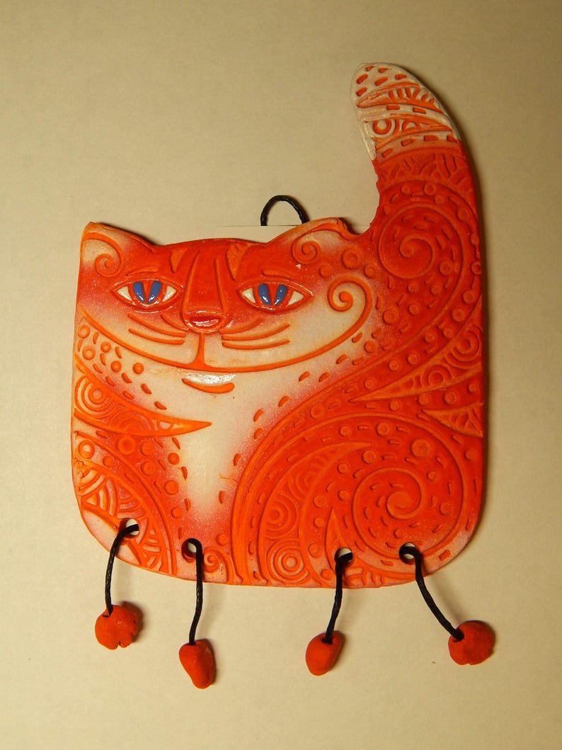 Ceramic mini-wall Ornamental Cat. Blue cat. Red Cat. Ceramic Wall Art. Cat Wall Hanging. Hand Made Ceramics. Ceramic wall hanging decor. image 8