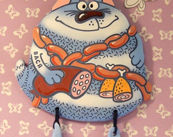 Ceramic wall Happy cat. Striped cat. Ceramic Wall Art. Cat Wall Hanging. Hand Made Ceramics. Ceramic wall hanging decor.
