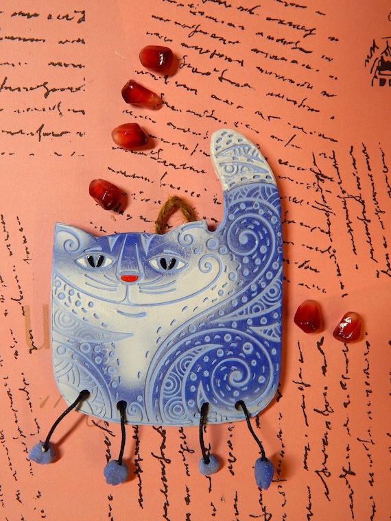 Ceramic mini-wall Ornamental Cat. Blue cat. Red Cat. Ceramic Wall Art. Cat Wall Hanging. Hand Made Ceramics. Ceramic wall hanging decor.