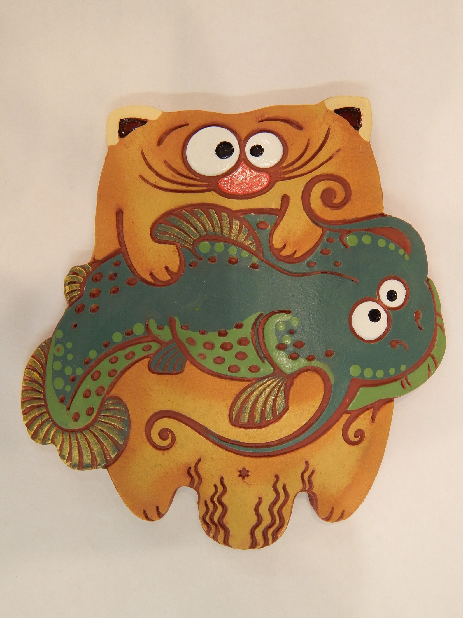 Ceramic Wall Cat With Catfish. Cat Ocher. Ceramic Wall Art. Cat Wall